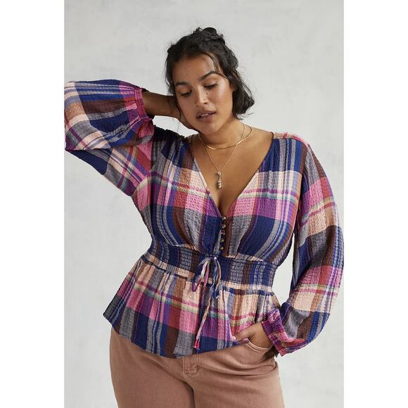 Pilcro Anthro Pink Blue Plaid Peplum Long Balloon Sleeve Fall Blouse Top Size XS - Picture 1 of 13